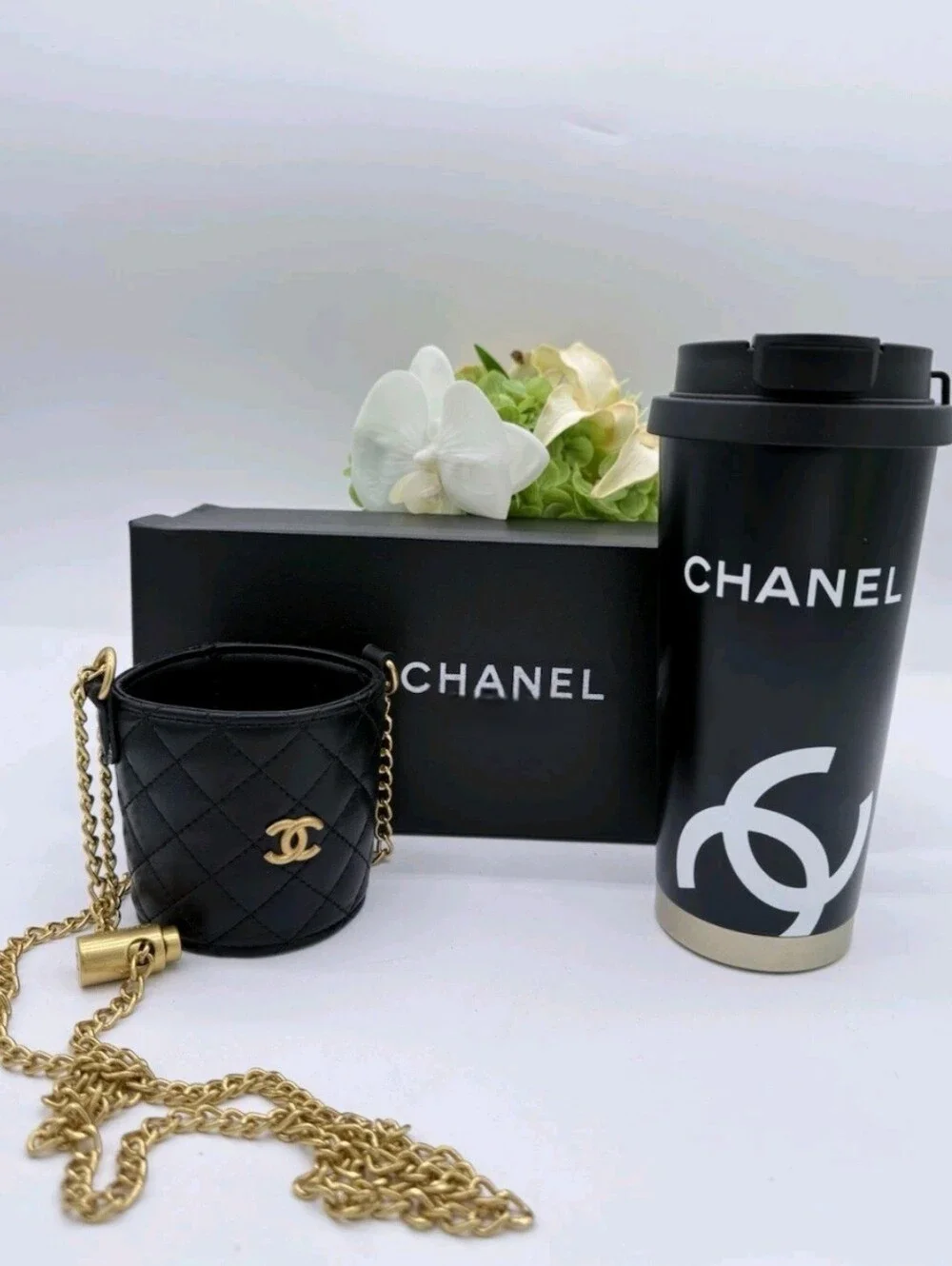 CHANEL Black Quilted Leather Cup Holder Crossbody Tumbler Hot/Cold Gold Chain